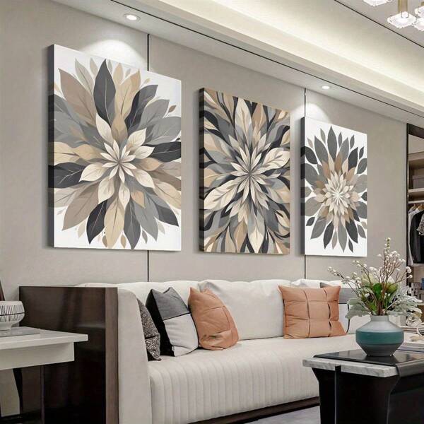 3pcs Wooden Framed Beige Gray Flower Wall Art, Brown Grey Bedroom Wall Decor Painting, Creative Canvas Poster, Waterproof Canvas Wall Art, Artwork Wall Painting For Gift, Bedroom Decor, Living Room Wall Decor, Home And Dormitory Decoration, Wall Art With Frame