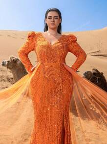 Faeriesty Haute Glamour Plus Luxurious V-Neck Long-Sleeve Beaded Evening Gown With Back-Tie Closure, Dramatic High Slit, Side Flowing Panels & Mermaid Train – Elegant Formal Wear For Red Carpet Galas, Black-Tie Dinners, Wedding Guest Attire, Award Ceremonies, And Charity Ball Events