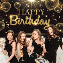 1pc Black Gold Happy Birthday Party Decorations Backdrop, Golden Balloons Glitter Star Birthday Party Photo Background Banner Extra Large Wall Decor Props Party Supplies