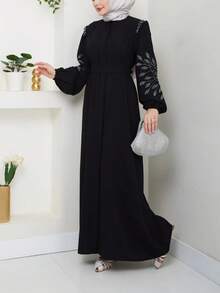 Elegante Vestido Abaya de Cor Sólida Feminina com Zíper, Decoração de Pérolas e Strass, Manga Longa, Estilo Turco do Oriente Médio, Preto