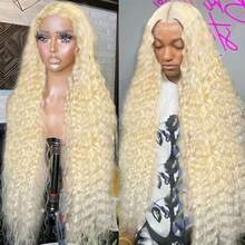 250% Density 13x4 Full Lace Frontal Wig Water Wave Virgin Human Hair Wig Deep Wave 13x4 HD Lace Front Wigs For Women Wet And Wavy Wig 26Inch Curl 12A - Vàng - Xem 2