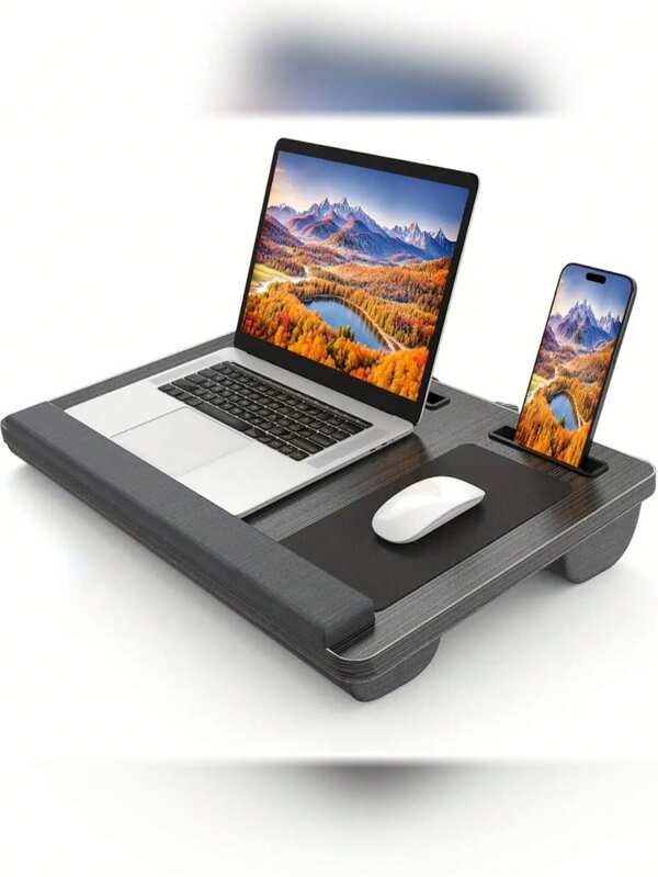 Lap Table With Wrist Rest, Mouse Pad And Phone Holder - Gray Wood Grain - Fits Laptops Up To 15.6 Inches Tall