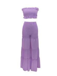 Women's Frill Trim Shirred Flare Leg Pants Set, Boho Tube Crop Top & High Waist Trousers For Beach Holiday Vacation Back To School, Ladies Summer Clothes, 2 Piece Sets Women, Womenswear, Going Out Sets - 黃色 - 查看 9