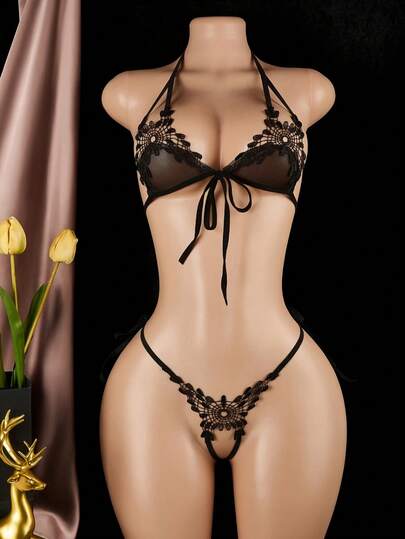 Sexy Lingerie, Sexy Lingerie Lace Three-Point Black Non Attraction Valentine's Day New Pajamas Date Dress Bed Erotic Set Women's Sexy Lingerie & Panties Include: Lingerie + Panties For Club, Night Out, Dates, Shows, Wedding Night – Cheeky Stockings & Tights Lingerie