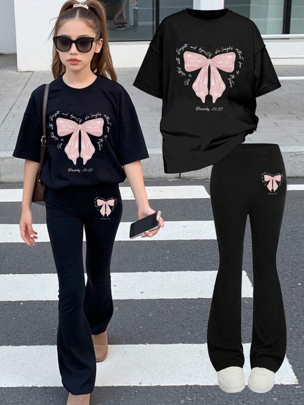 2pcs Girls Girly Two Pieces Set, Bow Slogan Tee And Flare Pants, Cute For Casual Wear/School