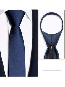 1 件男士免结拉链款黑色斜领带英伦复古领带适合商务宴会和日常穿着、婚礼男士领带