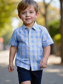 Boys' Casual Plaid Polo Collar Short Sleeve Shirt, Suitable For Daily Wear, Outing, Vacation, Party - Blue - View 3