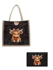 Bolsa tote estampada com tema de vaca das Terras Altas, leve uma bolsa de maquiagem com a mesma cor, portátil, reutilizável, leve, bolsa de mão, bolsa de ombro de linho, bolsa de armazenamento, porta-moedas, bolsa de mão, bolsa de viagem essencial, bolsa de grande capacidade, sacola de compras estampada, adequada para escola, universidade, trabalho, negócios, deslocamento diário, atividades ao ar livre, viagens, feriados, presentes para professores, família, amigos, presente de Dia das Mães, compra obrigatória em 6 de junho