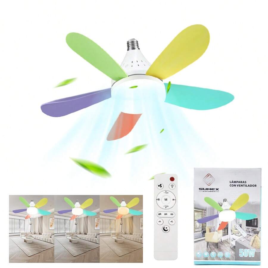 Lámpara De Techo Y Ventilador De Techo  En 3 Colores Con Luz, Control Remoto De La Temperatura De La Luz De Intensidad Regulable, Montaje En El Techo Moderno Con Control Remoto, Lámpara De Ventilador De Techo Led Con Enchufe Inteligente E27 - Multicolor - Ver 1