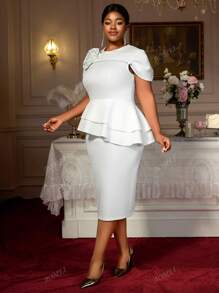 White Bodycon Dresses Elegant Peplum 3D Flowers Occasion Wedding Guest Plus Size Ladies,Outfit For Date,Party,Wedding Dress,Bridesmaid Dress,Graduation Dress,Wedding Guest