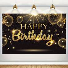 1pc Black Gold Happy Birthday Party Decorations Backdrop, Golden Balloons Glitter Star Birthday Party Photo Background Banner Extra Large Wall Decor Props Party Supplies