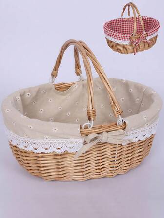 1pc Picnic Basket, Removable Lining, Wicker Picnic Basket With Dual Folding Handles, Sturdy Fabric Lining, Hand-Woven Handmade Picnic Basket, Natural Handcrafted Woven Basket