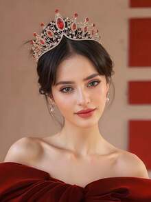 1pc Princess Party Rhinestone Crown Headpiece, Luxury Alloy Tiara For Festival - Red - View 2