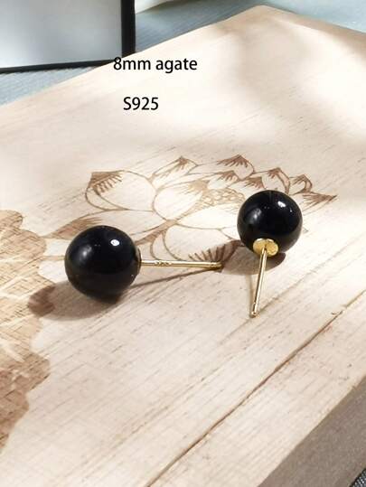 Black Agate 8mm Round Beads And S925 Stud Earrings 1 Pair For Women Daily Life Or Party