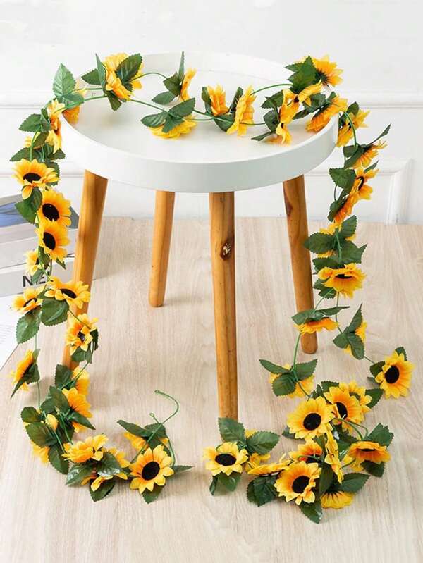 1Pc Artificial Sunflower Garland 7.87ft Silk Sunflowers Hanging Vines Flowers With Green Leaves For Room Kitchen Garden Birthday Wedding Baby Shower Party Table Decor