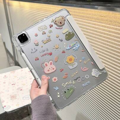 Capa protetora para tablet com estampa de animal fofo de desenho animado, compatível com iPad 2025 Air 7, iPad 2024 Pro 11 polegadas, iPad 11ª geração 11 polegadas e outros modelos, com compartimento para lápis, capa magnética, placa traseira de acrílico transparente, padrão pintado em ambos os lados, sistema inteligente de repouso/despertar, suporte dobrável triangular, dissipação de calor, à prova de choque e queda