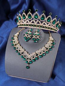 Set de 4 piezas de corona nupcial, collar y pendientes de aleación de zinc con tiara y strass, set de joyas de boda elegante para novias