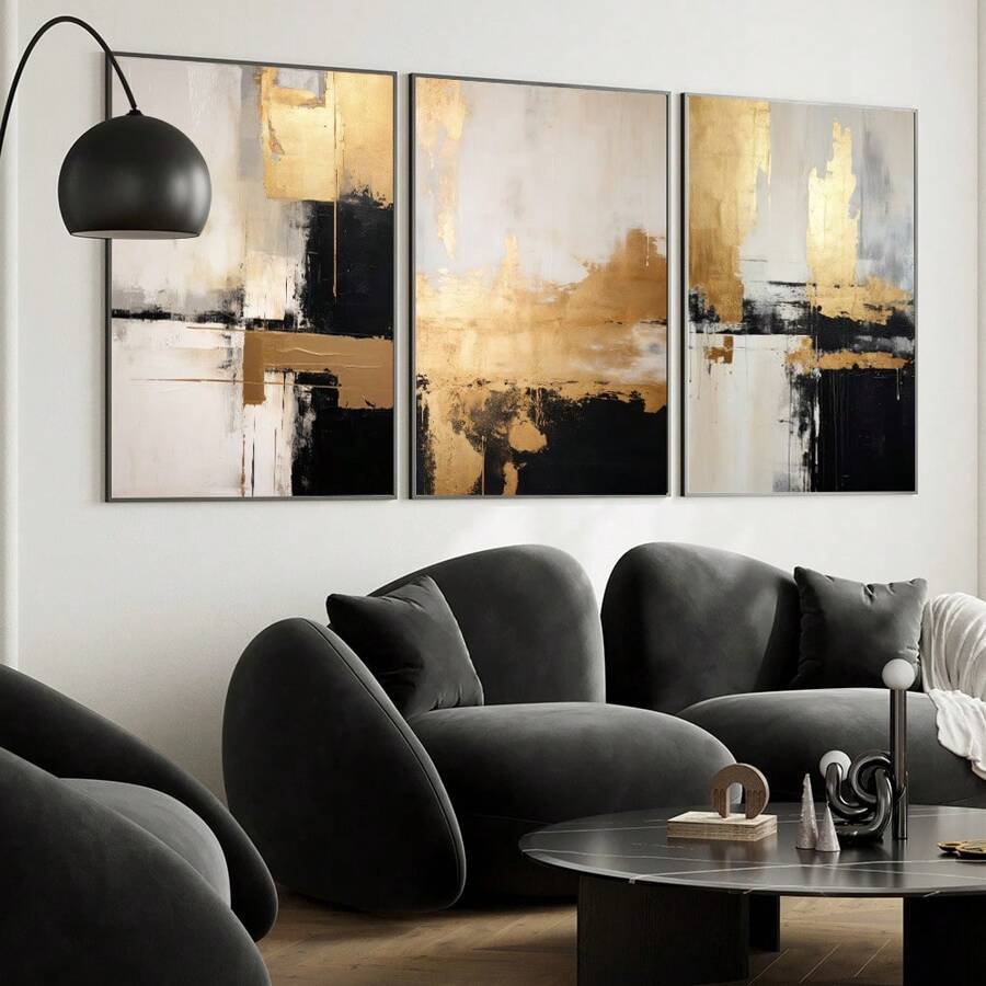 Set Of 3 Unframed Golden Black Beige Abstract Wall Art Canvas Poster Print Minimalist Contemporary Art Painting For Dorm,Living Room,Apartment,Bedroom,Modern Home Decoration