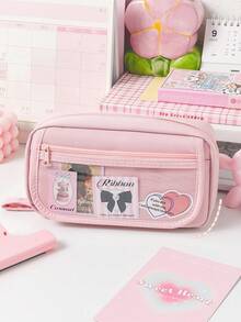 1pc Volcano New Flat Folding Pencil Bag With Portable Handle Transparent Front Pocket Pen Case For Stationery Back To School - Multicolor - View 2