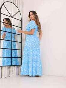 Women's Dress All-Over Print Leaf Boho Fabric Ruffle Hem Ruffled Ruched Long Beach Evening Birthday Party Baby Shower Garden Photoshoot - Blue and White - View 3