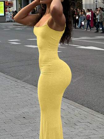 Women's Sexy Sling Bodycon Long Ribbed Dress, Spring Summer