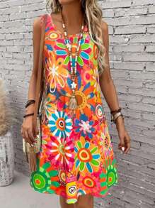 Colorful Print Sleeveless Midi Dress, Slimming & Energetic