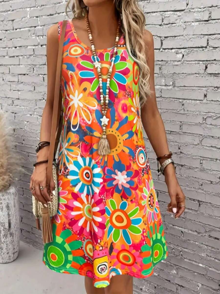 Colorful Print Sleeveless Midi Dress, Slimming & Energetic