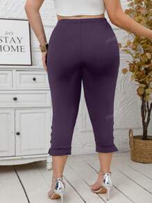 Plus Size Women Button Decor Tight 3/4 Leggings, Stretchy Solid Color Casual Pants