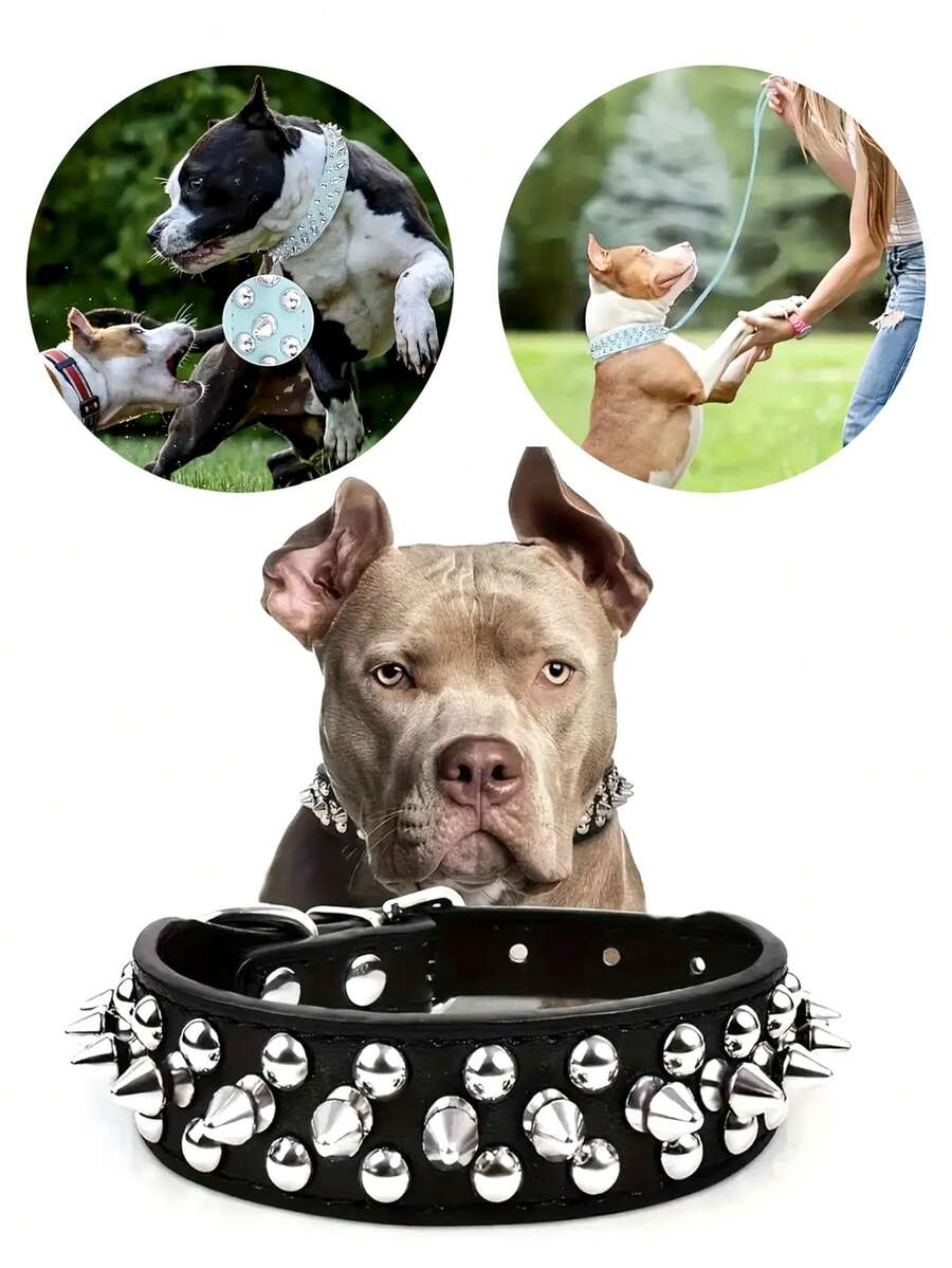 Conjunto de collar y correa de perro con pinchos, collar de perro de PU con remaches para entrenamiento y paseo