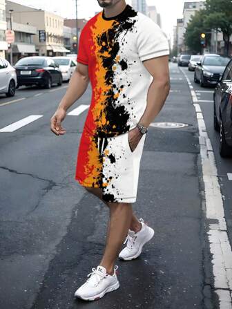 Paint Splatter 2 件套男士服装，夏季休闲圆领短袖 T 恤和宽松短裤套装，男士服装度假健身