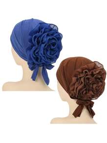 2 piezas Sombreros de turbante de poliéster de moda para mujer, gorros con pañuelo floral elástico y diseño de flor grande, cofia hijab de punto transpirable para ocasiones festivas