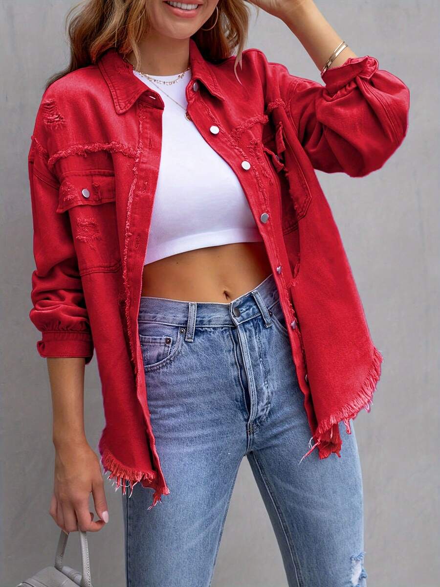 Women's Ripped Distressed Denim Jacket Long Sleeve Button Down Boyfriend Jean Coat Trucker Jacket - Red - View 1