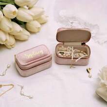 1pc Customized Velvet Jewelry Box With Gold Foil Printing, Elegant Bridesmaid/Birthday/Mother's Day/Valentine's Day Gift, Rectangular Design With Zipper Closure, Jewelry Storage Box