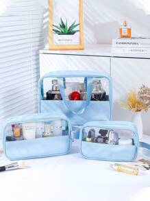 3pcs/Set Large Capacity Cosmetic Bag PVC Waterproof Makeup Bag Transparent Travel Organizer Bag Makeup Brush Bag Cosmetic Bag Perfume Storage Box, Essential For Summer Holiday Travel, Beach Bag, Handbag, Suitable For Skincare, Makeup, Bathroom Storage, Lipstick, Makeup Pencils, Shampoo, Toothbrush, Curling Brush, Etc.