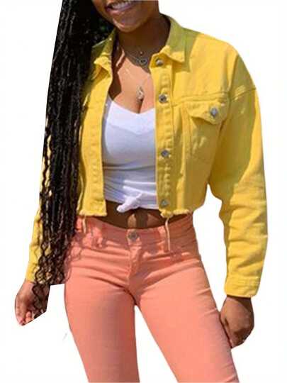 Women's Denim Short Coat, Solid Color Long Sleeve Lapel Jacket Button Down Distressed Hem Crop Jeans Coat