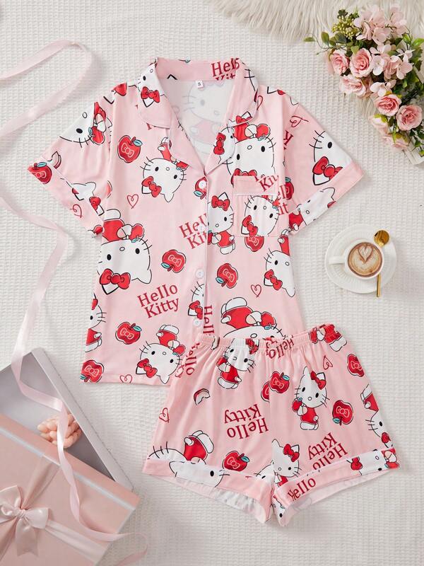 Sanrio 2pcs/Set Sanrio Hello Kitty Print Women Casual Pajama Set, Short Sleeve Round Neck Top And Pants, Comfortable Loose Fit
