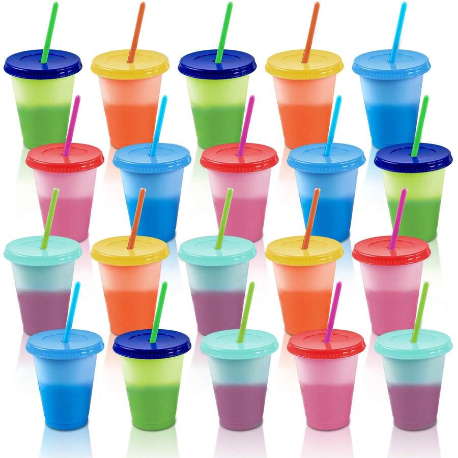 Vasos Mágicos De Plástico De 500ml Con Tapa Y Popote,20 Pzas
