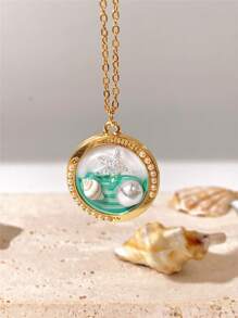 1pc Vintage Luxury Beach Shell & Faux Pearl Oil Drop Pendant Necklace For Women