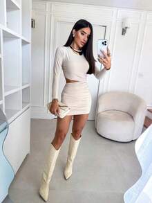 Women's Dress With Cutout Long Sleeve Elegant Pleated Suplex In Solid Color For Winter And Summer Rodeo Festa De São João Festa Junina Quadrilha - 米色 - 查看 4