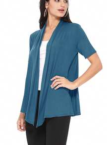 Casual Solid Short Sleeve Open Front Draped Cardigan For Office & Everyday Wear - Teal Blue - View 2