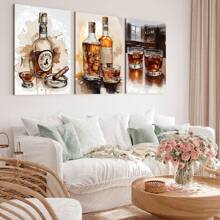 Set de 3 tablouri artistice vintage înrămate cu whisky și trabucuri, imprimare afișe de lux de ultimă generație, potrivite pentru bar modern, sufragerie, baie, dormitor, hotel, pensiune, vilă, galerie, club, cramă, coridor, studio, sală de clasă, studiu, decorațiuni de perete de birou gata de agățat