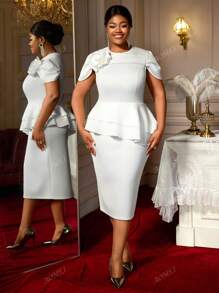White Bodycon Dresses Elegant Peplum 3D Flowers Occasion Wedding Guest Plus Size Ladies,Outfit For Date,Party,Wedding Dress,Bridesmaid Dress,Graduation Dress,Wedding Guest