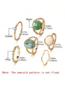 6pcs Vintage Creative Geometric Green Jade Ring Set - Gold - View 5