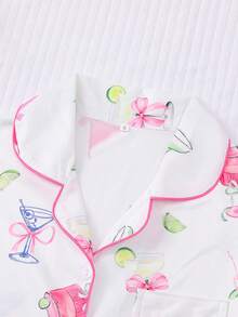 Conjunto de 2 piezas de pijamas de verano para mujer con estampado de limón y copas de vino, con top tipo cárdigan de manga corta con cuello y pantalones cortos de cintura elástica, conjunto de pijamas y ropa de estar por casa casual para todas las estaciones - Blanco - Ver 5