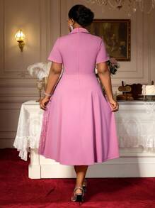 Pink Turn Down Collar A Line Dresses Lace Patchwork Short Sleeves Work Business Party Fashion Curve Women