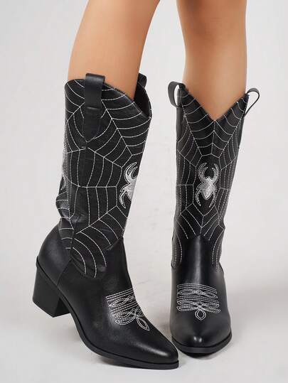 Fall/Winter New 2025 Fashion Pointed Toe Block Heel Spider Embroidery Plus Size Slip-On Knee High Cowgirl Boots For Women,Western Style
