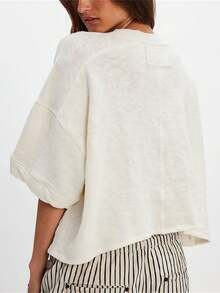 Women Short Sleeve Casual Cardigan Shirt Button Down Open Front V-Neck Loose T-Shirt Y2k Crop Tops Outwear Tee Ivory C, M - 米色 - 查看 3