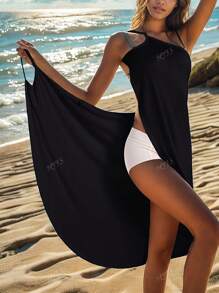 Women's Summer Beach Dress - Casual Black Sleveless Maxi Dress With Adjustable Straps, Polyester & Spandex Blend, Perfect For Sunbathing And Seaside Getaways