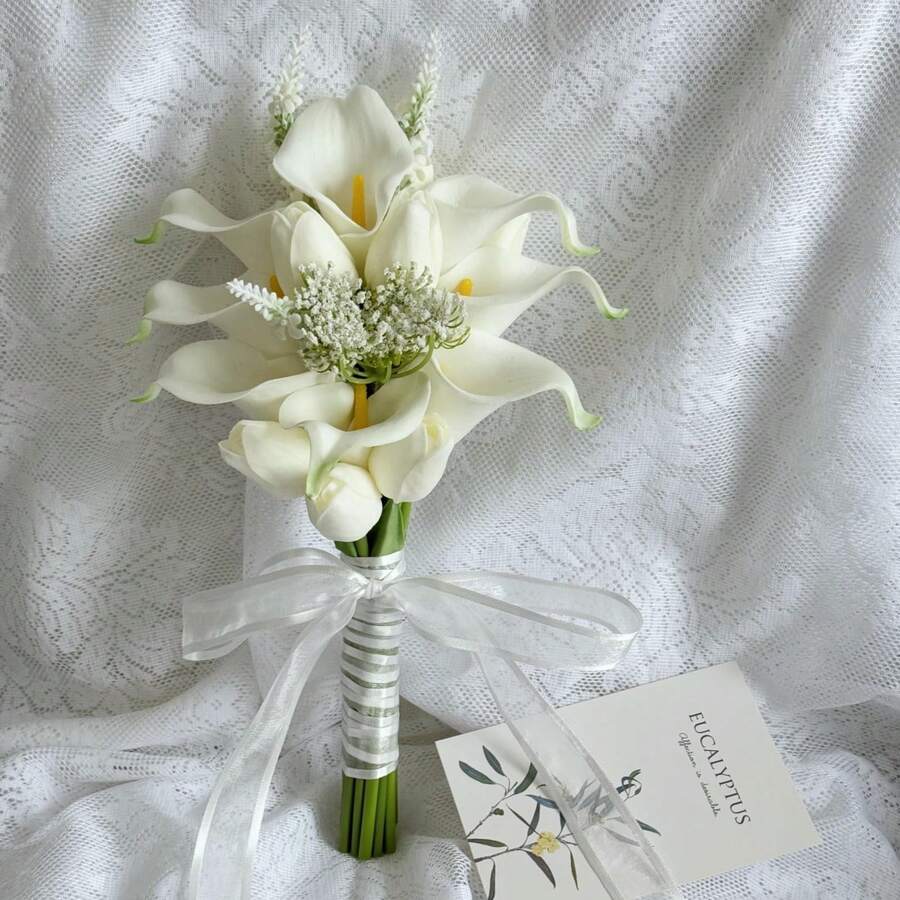 Wedding Bridal Bouquet Bridesmaid Bouquet Artificial Wedding Bouquet White Calla Lilies Tulip Flowers, Church, Home Decor Gift,Wedding Ceremony Festivals Anniversary Bridal Rehearsal Party Bar Table Decor - White - View 1