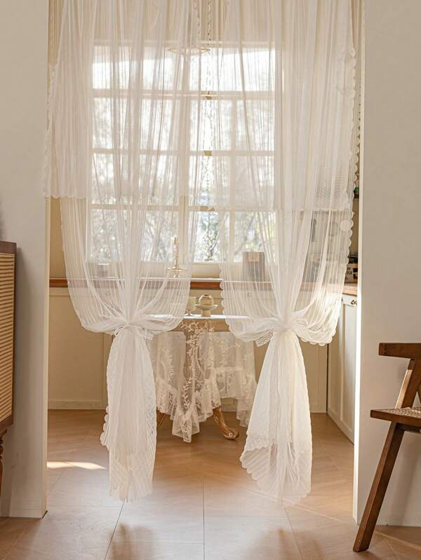 2 Pcs Beige Floral Lace Door Curtain, European Modern Style, Semi-Transparent And Soft 100% Polyester Fiber Material, Small Curtain Rod Pocket Design, Suitable For Bedroom, Living Room, Balcony
